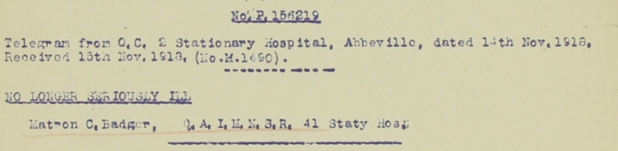 extract from personal file showing her removal from the Seriouslly Ill List